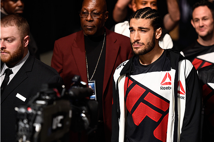 LAS VEGAS, NEVADA - DECEMBER 10: Elias Theodorou enters the arena for his middleweight bout against Thiago Santos during the UFC Fight Night event at The Chelsea at the Cosmopolitan of Las Vegas on December 10, 2015 in Las Vegas, Nevada. (Photo by Jeff