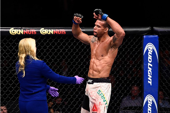 LAS VEGAS, NEVADA - DECEMBER 10: Thiago Santos celebrates after his win over Elias Theodorou in their middleweight bout during the UFC Fight Night event at The Chelsea at the Cosmopolitan of Las Vegas on December 10, 2015 in Las Vegas, Nevada. (Photo by