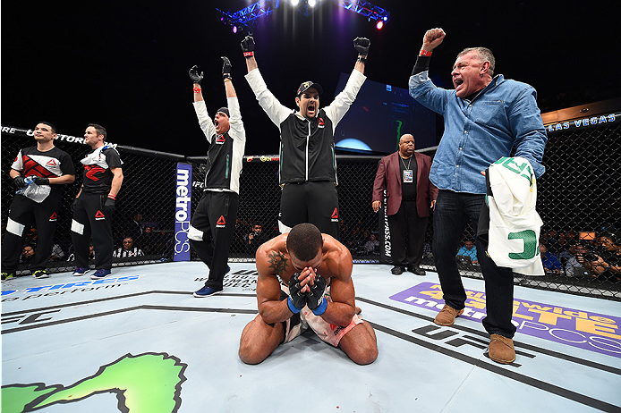 LAS VEGAS, NEVADA - DECEMBER 10: Thiago Santos celebrates his win over in their middleweight bout during the UFC Fight Night event at The Chelsea at the Cosmopolitan of Las Vegas on December 10, 2015 in Las Vegas, Nevada. (Photo by Jeff Bottari/Zuffa LL