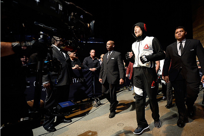 LAS VEGAS, NEVADA - DECEMBER 10: Cody Pfister enters the arena for his lightweight bout against Sage Northcutt during the UFC Fight Night event at The Chelsea at the Cosmopolitan of Las Vegas on December 10, 2015 in Las Vegas, Nevada. (Photo by \2069105