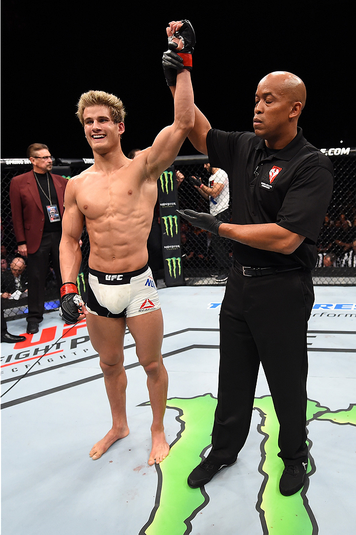 LAS VEGAS, NEVADA - DECEMBER 10: Sage Northcutt celebrates his win over Cody Pfister in their lightweight bout during the UFC Fight Night event at The Chelsea at the Cosmopolitan of Las Vegas on December 10, 2015 in Las Vegas, Nevada. (Photo by Jeff Bot
