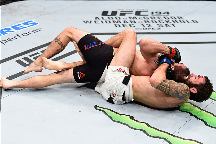 LAS VEGAS, NEVADA - DECEMBER 10: (Bottom) Michael Chiesa submits Jim Miller in their lightweight bout during the UFC Fight Night event at The Chelsea at the Cosmopolitan of Las Vegas on December 10, 2015 in Las Vegas, Nevada. (Photo by Jeff Bottari/Zuff
