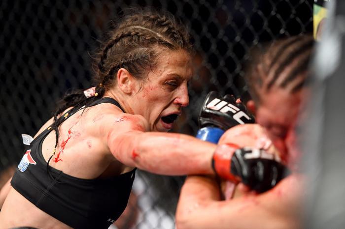Joanna Jedrzejczyk put on a veritable striking clinic against Jessica Penne at Fight Night Berlin, ending the fight with a third round TKO. It would be the first of many successful title defenses for Jedrzejczyk. (Photo by Josh Hedges/Zuffa LLC)