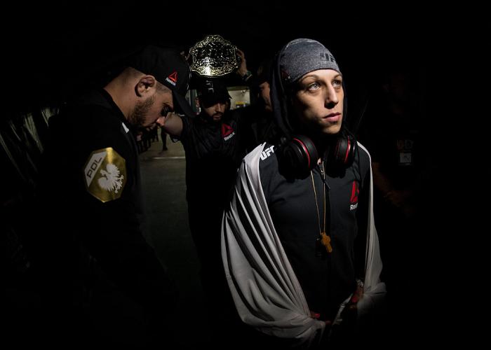 MELBOURNE, AUSTRALIA - NOVEMBER 15: UFC women's strawweight champion Joanna Jedrzejczyk of Poland prepares to enter the Octagon before facing Valerie Letourneau during the UFC 193 event at Etihad Stadium on November 15, 2015 in Melbourne, Australia. (Ph