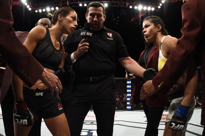 LAS VEGAS, NV - JULY 08: (L-R) Opponents Joanna Jedrzejczyk of Poland and Claudia Gadelha of Brazil face off before their women's strawweight championship bout during The Ultimate Fighter Finale event at MGM Grand Garden Arena on July 8, 2016 in Las Vega
