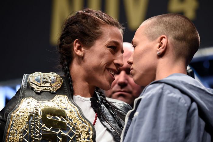 LAS VEGAS, NV - OCTOBER 06: (L-R) Opponents Joanna Jedrzejczyk and Rose Namajunas face off during the UFC 217 news conference inside T-Mobile Arena on October 6, 2017 in Las Vegas, Nevada. (Photo by Brandon Magnus/Zuffa LLC/Zuffa LLC via Getty Images)
