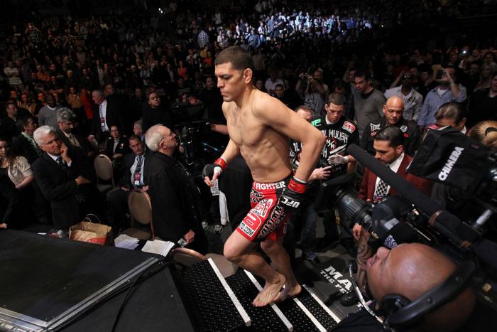 LAS VEGAS - FEBRUARY 04: Nick Diaz enters the Octagon before his fight with Carlos Condit during the UFC 143 event at Mandalay Bay Events Center on February 4, 2012 in Las Vegas, Nevada. (Photo by Nick Laham/Zuffa LLC/Zuffa LLC via Getty Images) *** Loc