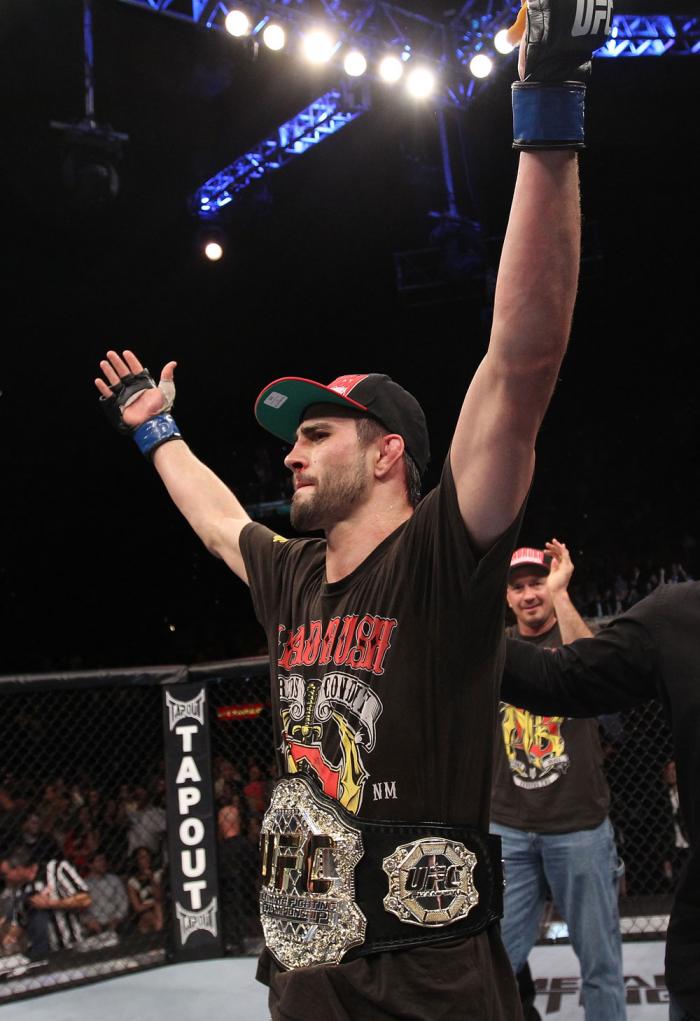 LAS VEGAS - FEBRUARY 04: Carlos Condit celebrates his win over Nick Diaz during the UFC 143 event at Mandalay Bay Events Center on February 4, 2012 in Las Vegas, Nevada. (Photo by Nick Laham/Zuffa LLC/Zuffa LLC via Getty Images) *** Local Caption *** Ca