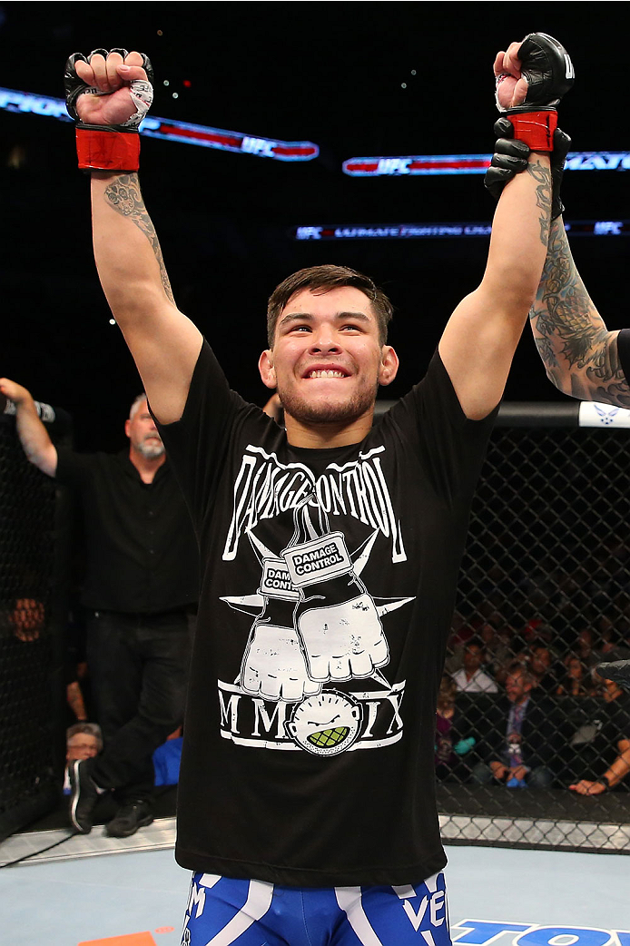 SAN ANTONIO, TX - JUNE 28: Ray Borg reacts to his victory over Shane Howell in their flyweight bout at the AT&T Center on June 28, 2014 in San Antonio, Texas. (Photo by Ed Mulholland/Zuffa LLC/Zuffa LLC via Getty Images)