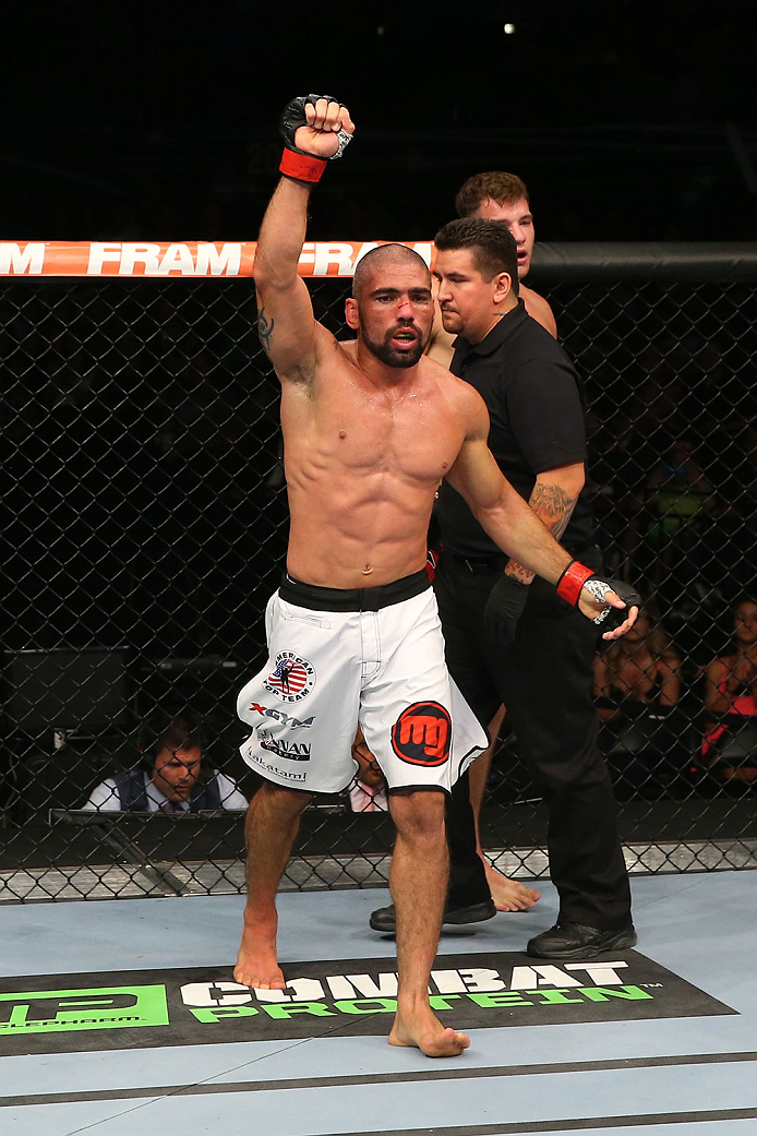 SAN ANTONIO, TX - JUNE 28: Marcelo Guimaraes reacts after his victory over Andy Enz in their middleweight bout at the AT&T Center on June 28, 2014 in San Antonio, Texas. (Photo by Ed Mulholland/Zuffa LLC/Zuffa LLC via Getty Images)