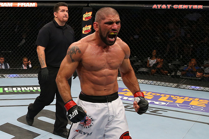 SAN ANTONIO, TX - JUNE 28: Marcelo Guimaraes reacts after his victory over Andy Enz in their middleweight bout at the AT&T Center on June 28, 2014 in San Antonio, Texas. (Photo by Ed Mulholland/Zuffa LLC/Zuffa LLC via Getty Images)