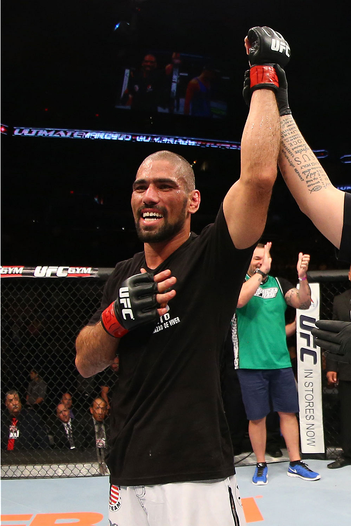 SAN ANTONIO, TX - JUNE 28: Marcelo Guimaraes reacts after his victory over Andy Enz in their middleweight bout at the AT&T Center on June 28, 2014 in San Antonio, Texas. (Photo by Ed Mulholland/Zuffa LLC/Zuffa LLC via Getty Images)