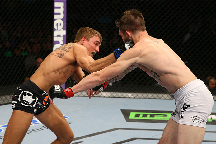 SAN ANTONIO, TX - JUNE 28: (L-R) Cody Gibson punches Johnny Bedford in their bantamweight bout at the AT&T Center on June 28, 2014 in San Antonio, Texas. (Photo by Ed Mulholland/Zuffa LLC/Zuffa LLC via Getty Images)