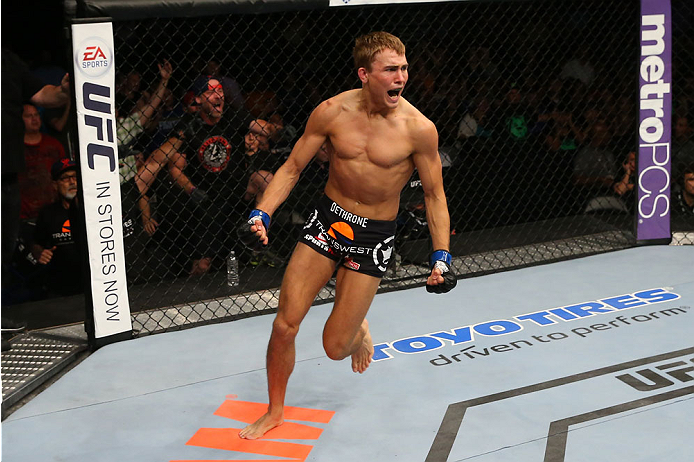 SAN ANTONIO, TX - JUNE 28: Cody Gibson reacts to his victory over Johnny Bedford in their bantamweight bout at the AT&T Center on June 28, 2014 in San Antonio, Texas. (Photo by Ed Mulholland/Zuffa LLC/Zuffa LLC via Getty Images) *** Local Caption **Cody