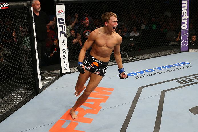 SAN ANTONIO, TX - JUNE 28: Cody Gibson reacts to his victory over Johnny Bedford in their bantamweight bout at the AT&T Center on June 28, 2014 in San Antonio, Texas. (Photo by Ed Mulholland/Zuffa LLC/Zuffa LLC via Getty Images)