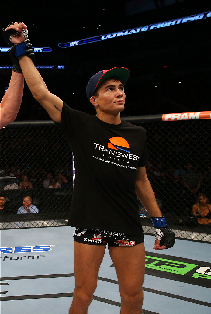 SAN ANTONIO, TX - JUNE 28: Cody Gibson reacts to his victory over Johnny Bedford in their bantamweight bout at the AT&T Center on June 28, 2014 in San Antonio, Texas. (Photo by Ed Mulholland/Zuffa LLC/Zuffa LLC via Getty Images)