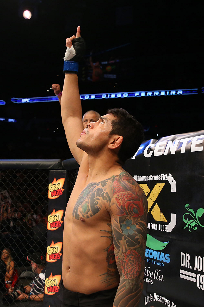 SAN ANTONIO, TX - JUNE 28: Carlos Diego Ferreira prepares to face Colton Smith in their lightweight bout at the AT&T Center on June 28, 2014 in San Antonio, Texas. (Photo by Ed Mulholland/Zuffa LLC/Zuffa LLC via Getty Images)