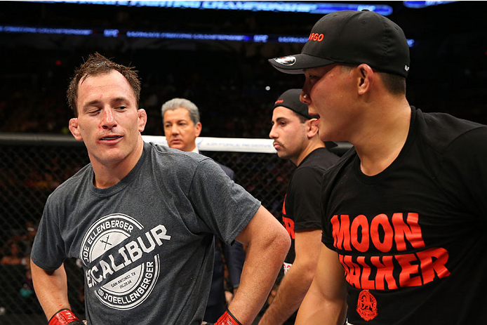 SAN ANTONIO, TX - JUNE 28: (L-R) Joe Ellenberger and James Moontasri speak after their lightweight bout at the AT&T Center on June 28, 2014 in San Antonio, Texas. (Photo by Ed Mulholland/Zuffa LLC/Zuffa LLC via Getty Images)