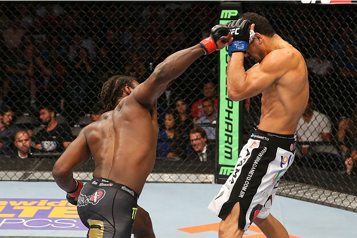 SAN ANTONIO, TX - JUNE 28: (L-R) Clint Hester punches Antonio Braga Neto in their middleweight bout at the AT&T Center on June 28, 2014 in San Antonio, Texas. (Photo by Ed Mulholland/Zuffa LLC/Zuffa LLC via Getty Images)