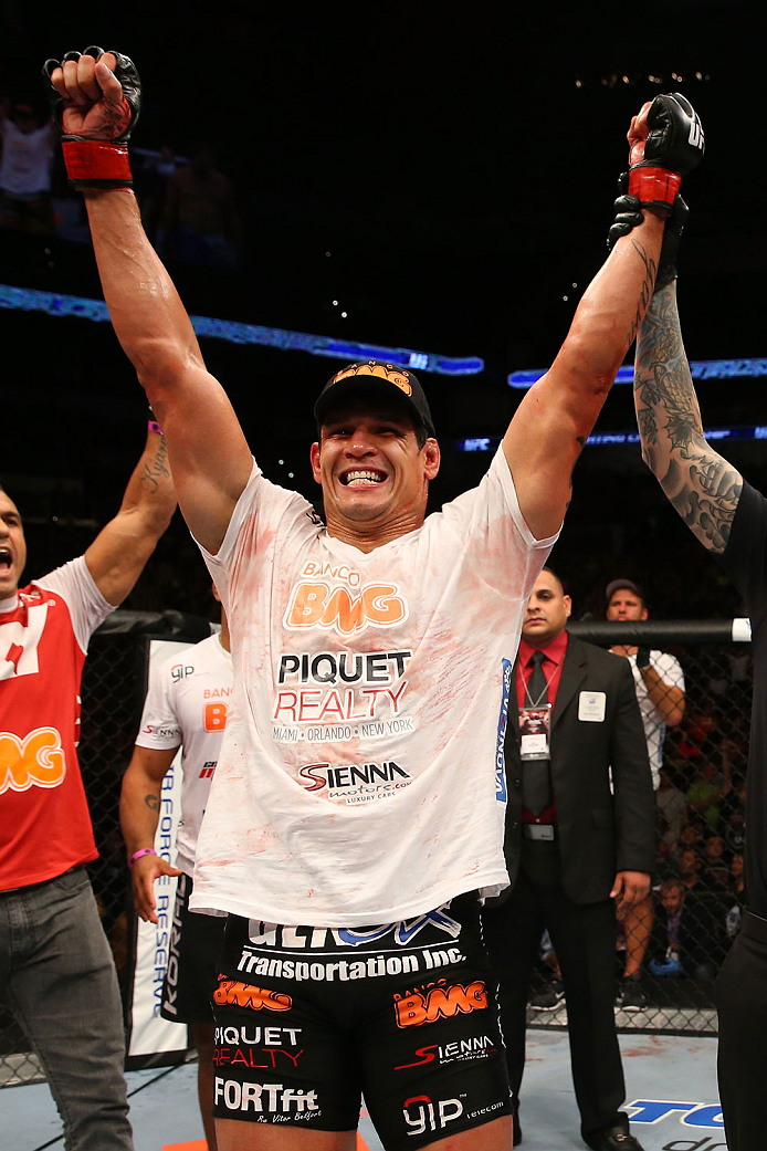 SAN ANTONIO, TX - JUNE 28: Cezar Ferreira reacts to his victory over Andrew Craig in their middleweight bout at the AT&T Center on June 28, 2014 in San Antonio, Texas. (Photo by Ed Mulholland/Zuffa LLC/Zuffa LLC via Getty Images)
