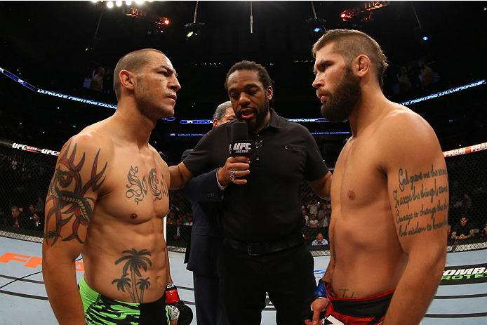 SAN ANTONIO, TX - JUNE 28: Cub Swanson (left) and Jeremy Stephens face off before their featherweight bout at the AT&T Center on June 28, 2014 in San Antonio, Texas. (Photo by Ed Mulholland/Zuffa LLC/Zuffa LLC via Getty Images)