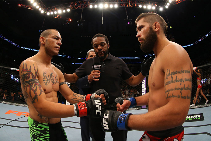 SAN ANTONIO, TX - JUNE 28: Cub Swanson (left) and Jeremy Stephens touch gloves before their featherweight bout at the AT&T Center on June 28, 2014 in San Antonio, Texas. (Photo by Ed Mulholland/Zuffa LLC/Zuffa LLC via Getty Images)