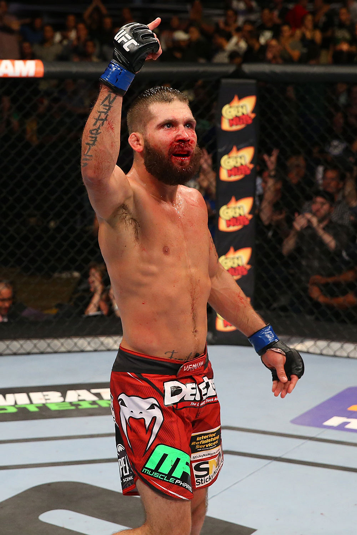 SAN ANTONIO, TX - JUNE 28: Jeremy Stephens reacts after his featherweight bout at the AT&T Center on June 28, 2014 in San Antonio, Texas. (Photo by Ed Mulholland/Zuffa LLC/Zuffa LLC via Getty Images)