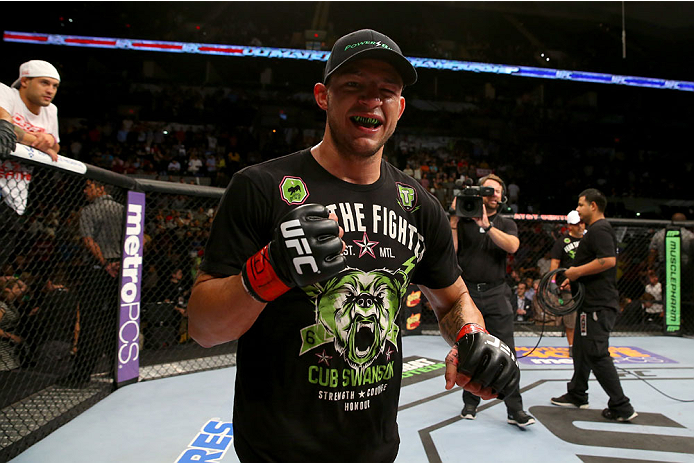 SAN ANTONIO, TX - JUNE 28: Cub Swanson reacts after his featherweight bout at the AT&T Center on June 28, 2014 in San Antonio, Texas. (Photo by Ed Mulholland/Zuffa LLC/Zuffa LLC via Getty Images)