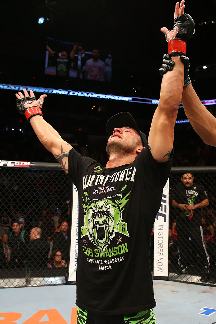 SAN ANTONIO, TX - JUNE 28: Cub Swanson reacts to his victory over Jeremy Stephens in their featherweight bout at the AT&T Center on June 28, 2014 in San Antonio, Texas. (Photo by Ed Mulholland/Zuffa LLC/Zuffa LLC via Getty Images)