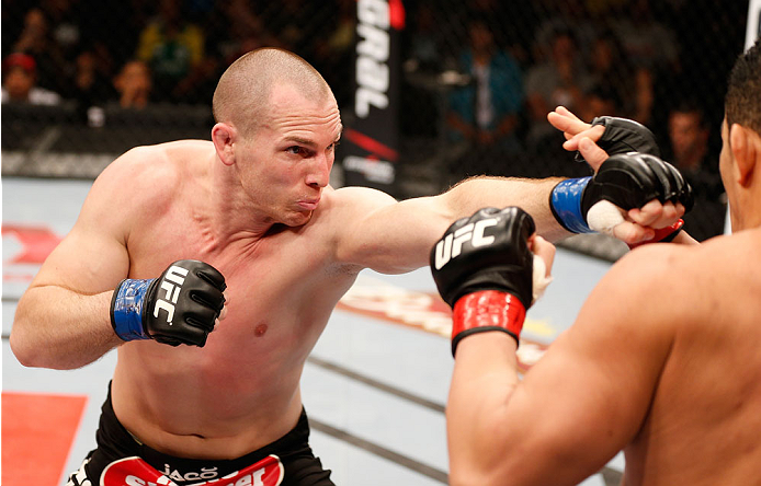 NATAL, BRAZIL - MARCH 23: (L-R) Hans Stringer punches Francimar Barroso in their light heavyweight bout during the UFC Fight Night event at Ginasio Nelio Dias on March 23, 2014 in Natal, Brazil. (Photo by Josh Hedges/Zuffa LLC/Zuffa LLC via Getty Images)