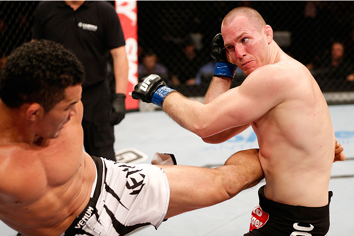 NATAL, BRAZIL - MARCH 23: (L-R) Francimar Barroso kicks Hans Stringer in their light heavyweight bout during the UFC Fight Night event at Ginasio Nelio Dias on March 23, 2014 in Natal, Brazil. (Photo by Josh Hedges/Zuffa LLC/Zuffa LLC via Getty Images)