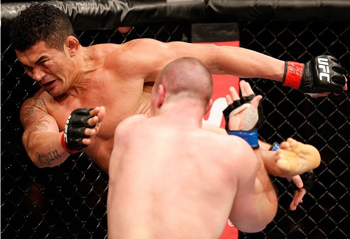 NATAL, BRAZIL - MARCH 23: (L-R) Francimar Barroso kicks Hans Stringer in their light heavyweight bout during the UFC Fight Night event at Ginasio Nelio Dias on March 23, 2014 in Natal, Brazil. (Photo by Josh Hedges/Zuffa LLC/Zuffa LLC via Getty Images)