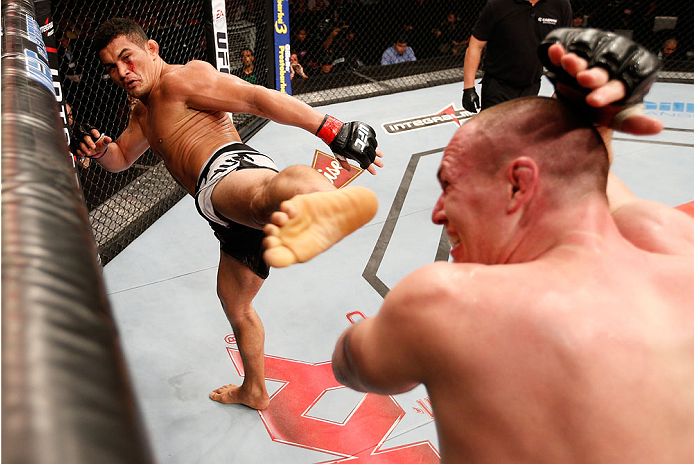 NATAL, BRAZIL - MARCH 23: (L-R) Francimar Barroso kicks Hans Stringer in their light heavyweight bout during the UFC Fight Night event at Ginasio Nelio Dias on March 23, 2014 in Natal, Brazil. (Photo by Josh Hedges/Zuffa LLC/Zuffa LLC via Getty Images)