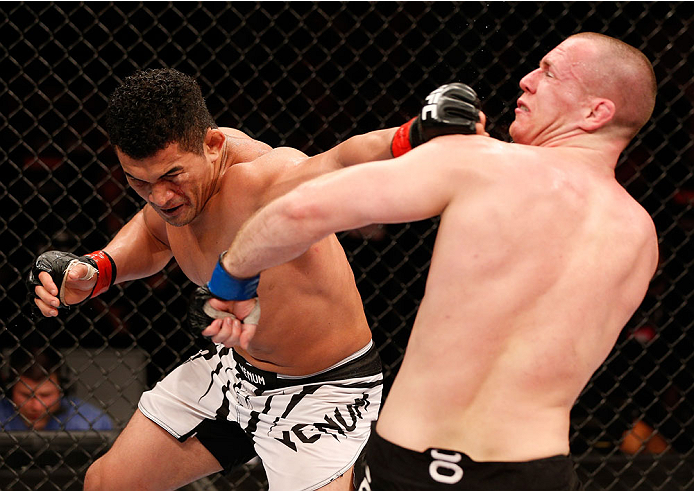 NATAL, BRAZIL - MARCH 23: (L-R) Francimar Barroso punches Hans Stringer in their light heavyweight bout during the UFC Fight Night event at Ginasio Nelio Dias on March 23, 2014 in Natal, Brazil. (Photo by Josh Hedges/Zuffa LLC/Zuffa LLC via Getty Images)
