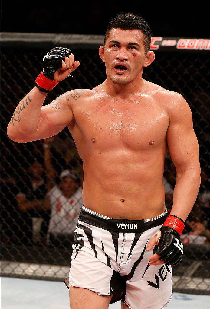NATAL, BRAZIL - MARCH 23: Francimar Barroso reacts after the conclusion of his light heavyweight bout against Hans Stringer during the UFC Fight Night event at Ginasio Nelio Dias on March 23, 2014 in Natal, Brazil. (Photo by Josh Hedges/Zuffa LLC/Zuffa L