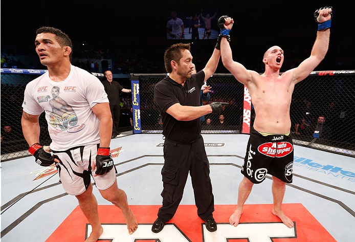 NATAL, BRAZIL - MARCH 23: Hans Stringer (R) reacts after his split decision victory over Francimar Barroso in their light heavyweight bout during the UFC Fight Night event at Ginasio Nelio Dias on March 23, 2014 in Natal, Brazil. (Photo by Josh Hedges/Zu