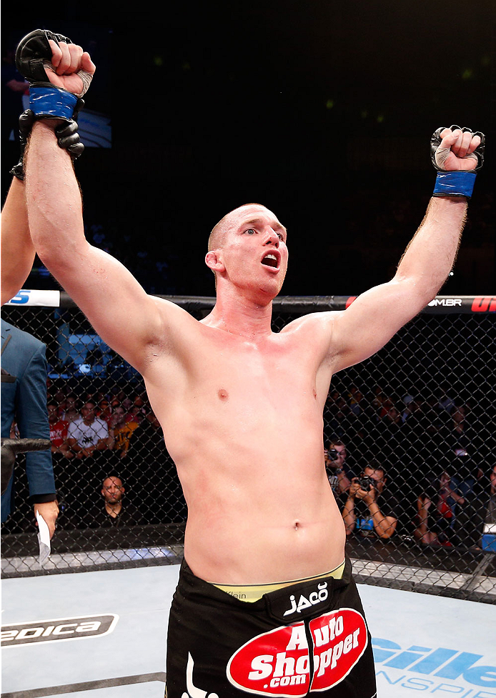 NATAL, BRAZIL - MARCH 23: Hans Stringer reacts after his split decision victory over Francimar Barroso in their light heavyweight bout during the UFC Fight Night event at Ginasio Nelio Dias on March 23, 2014 in Natal, Brazil. (Photo by Josh Hedges/Zuffa