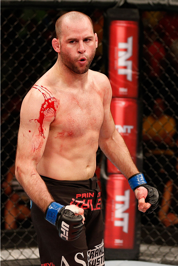 NATAL, BRAZIL - MARCH 23: Kenny Robertson reacts after his submission victory over Thiago Perpetuo in their welterweight bout during the UFC Fight Night event at Ginasio Nelio Dias on March 23, 2014 in Natal, Brazil. (Photo by Josh Hedges/Zuffa LLC/Zuffa