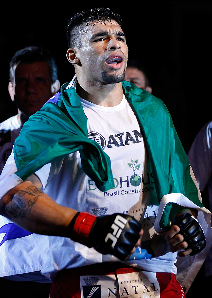 NATAL, BRAZIL - MARCH 23: Ronny Markes enters the arena before his middleweight bout against Thiago Santos during the UFC Fight Night event at Ginasio Nelio Dias on March 23, 2014 in Natal, Brazil. (Photo by Josh Hedges/Zuffa LLC/Zuffa LLC via Getty Imag