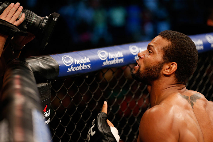 NATAL, BRAZIL - MARCH 23: Thiago Santos reacts after his TKO victory over Ronny Markes in their middleweight bout during the UFC Fight Night event at Ginasio Nelio Dias on March 23, 2014 in Natal, Brazil. (Photo by Josh Hedges/Zuffa LLC/Zuffa LLC via Get