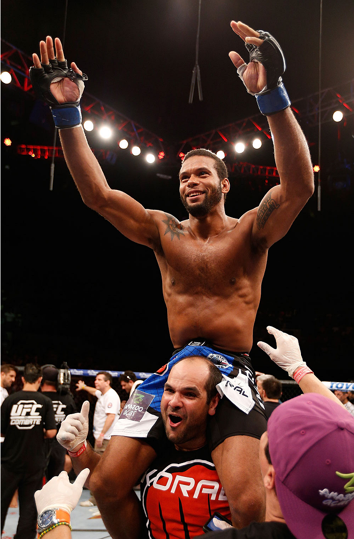 NATAL, BRAZIL - MARCH 23: Thiago Santos reacts after his TKO victory over Ronny Markes in their middleweight bout during the UFC Fight Night event at Ginasio Nelio Dias on March 23, 2014 in Natal, Brazil. (Photo by Josh Hedges/Zuffa LLC/Zuffa LLC via Get