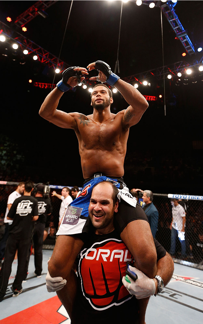 NATAL, BRAZIL - MARCH 23: Thiago Santos reacts after his TKO victory over Ronny Markes in their middleweight bout during the UFC Fight Night event at Ginasio Nelio Dias on March 23, 2014 in Natal, Brazil. (Photo by Josh Hedges/Zuffa LLC/Zuffa LLC via Get