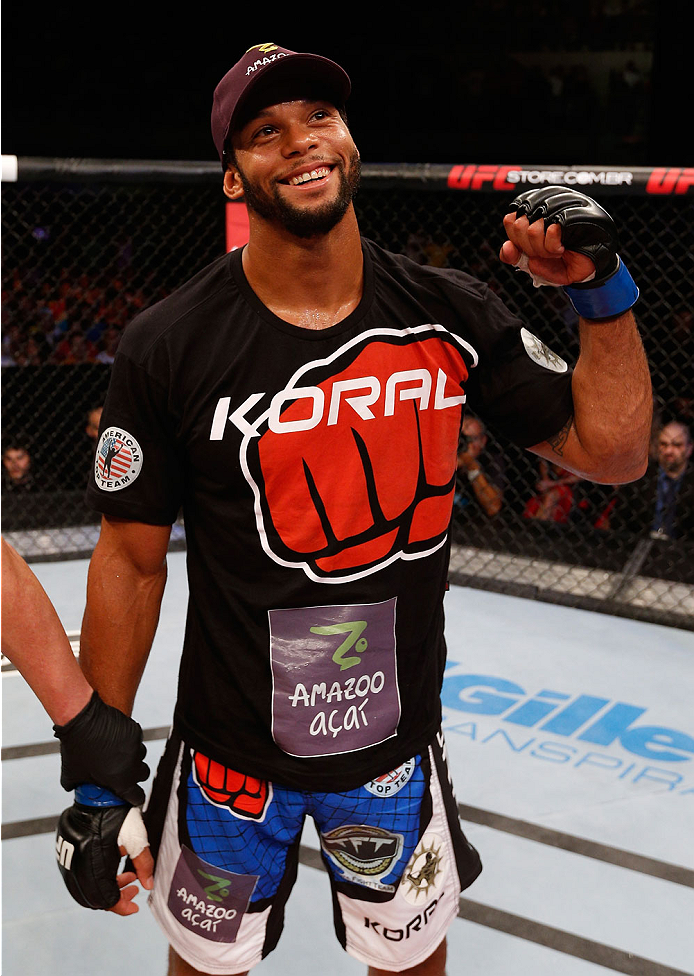 NATAL, BRAZIL - MARCH 23: Thiago Santos reacts after his TKO victory over Ronny Markes in their middleweight bout during the UFC Fight Night event at Ginasio Nelio Dias on March 23, 2014 in Natal, Brazil. (Photo by Josh Hedges/Zuffa LLC/Zuffa LLC via Get