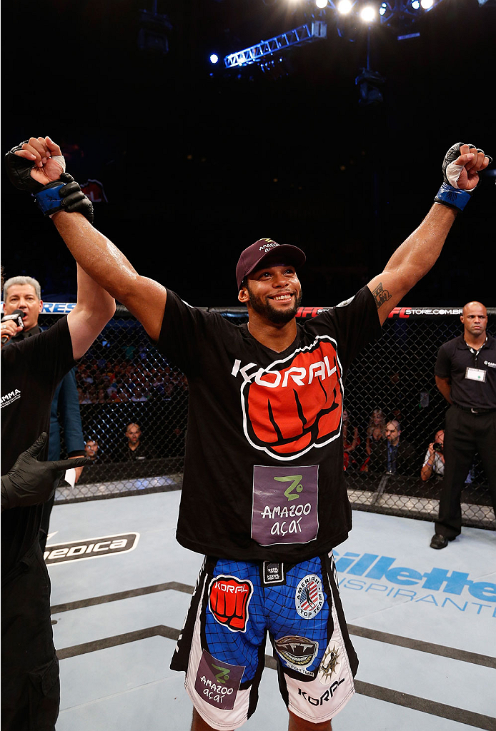 NATAL, BRAZIL - MARCH 23: Thiago Santos reacts after his TKO victory over Ronny Markes in their middleweight bout during the UFC Fight Night event at Ginasio Nelio Dias on March 23, 2014 in Natal, Brazil. (Photo by Josh Hedges/Zuffa LLC/Zuffa LLC via Get