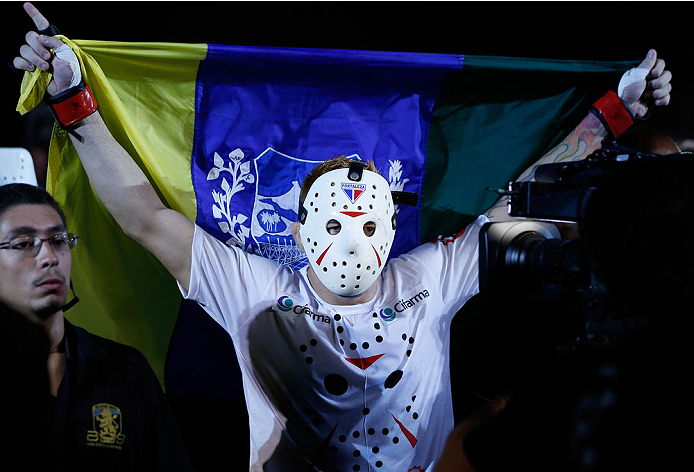 NATAL, BRAZIL - MARCH 23: Rony "Jason" Mariano-Bazzera enters the arena before his featherweight bout against Steven Siler during the UFC Fight Night event at Ginasio Nelio Dias on March 23, 2014 in Natal, Brazil. (Photo by Josh Hedges/Zuffa LLC/Zuffa LL