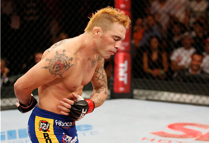 NATAL, BRAZIL - MARCH 23: Rony "Jason" Mariano-Bazzera reacts after his knockout victory over Steven Siler in their featherweight bout during the UFC Fight Night event at Ginasio Nelio Dias on March 23, 2014 in Natal, Brazil. (Photo by Josh Hedges/Zuffa