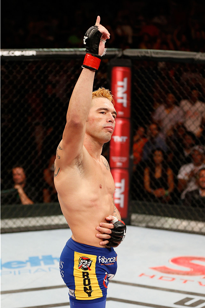 NATAL, BRAZIL - MARCH 23: Rony "Jason" Mariano-Bazzera reacts after his knockout victory over Steven Siler in their featherweight bout during the UFC Fight Night event at Ginasio Nelio Dias on March 23, 2014 in Natal, Brazil. (Photo by Josh Hedges/Zuffa