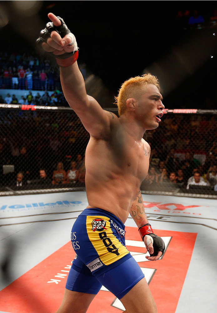 NATAL, BRAZIL - MARCH 23: Rony "Jason" Mariano-Bazzera reacts after his knockout victory over Steven Siler in their featherweight bout during the UFC Fight Night event at Ginasio Nelio Dias on March 23, 2014 in Natal, Brazil. (Photo by Josh Hedges/Zuffa