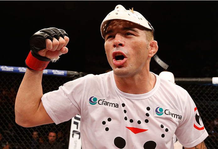 NATAL, BRAZIL - MARCH 23: Rony "Jason" Mariano-Bazzera reacts after his knockout victory over Steven Siler in their featherweight bout during the UFC Fight Night event at Ginasio Nelio Dias on March 23, 2014 in Natal, Brazil. (Photo by Josh Hedges/Zuffa