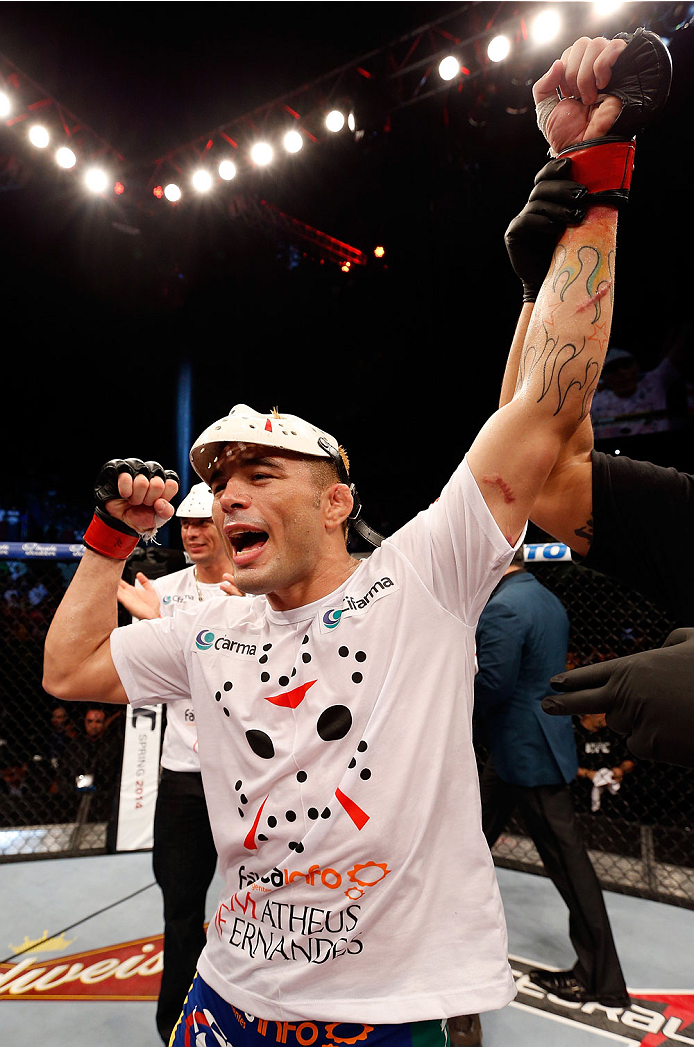 NATAL, BRAZIL - MARCH 23: Rony "Jason" Mariano-Bazzera reacts after his knockout victory over Steven Siler in their featherweight bout during the UFC Fight Night event at Ginasio Nelio Dias on March 23, 2014 in Natal, Brazil. (Photo by Josh Hedges/Zuffa